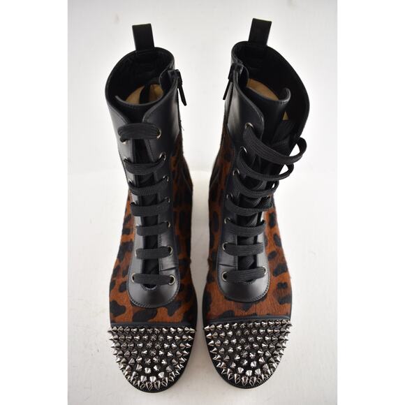 Christian Louboutin TS Croc Flat Black Leopard Pony Spike Combat Ankle Boot 38 - Picture 10 of 15